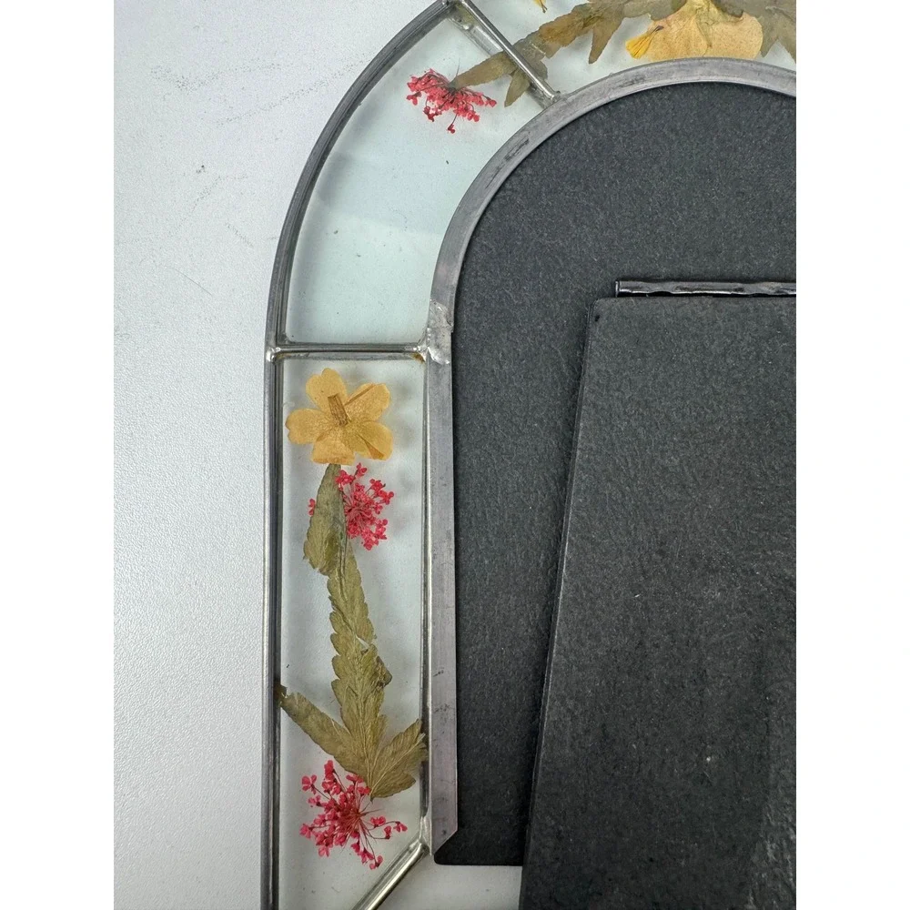 Vintage Pressed Flower Stained Glass Arched Picture Frame Cathedral Boho Decor